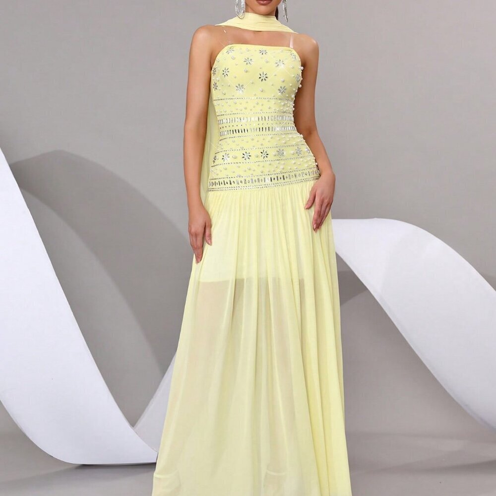 Yellow Chic Women's Strapless Rhinestone Maxi Dress